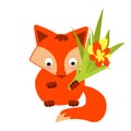 Red fox gives, hides a bouquet of flower